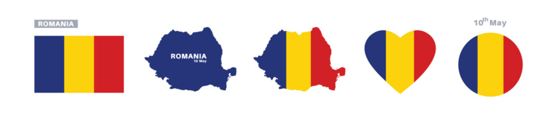 romania flag and map set. romania flag in official colors and proportions. independence day 10 may, map, circle and heart shaped romania 

