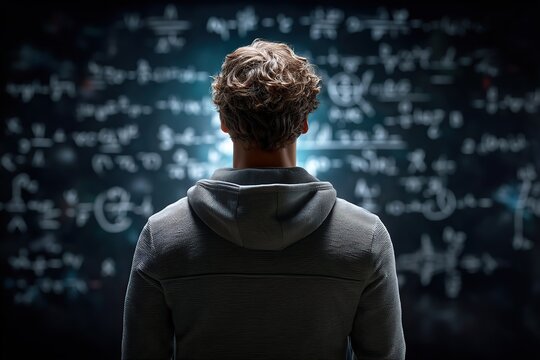 In a classroom setting, a man gazes at a blackboard filled with complex mathematical formulas and notes. - Powered by Adobe