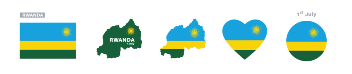 rwanda flag and map set. rwanda flag in official colors and proportions. independence day 1 july, map, circle and heart shaped rwanda 
