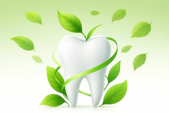 Single white tooth grows leaves from its top and is wrapped with a green ribbon, symbolizing natural dental care and eco-friendly practices for healthy teeth and gums