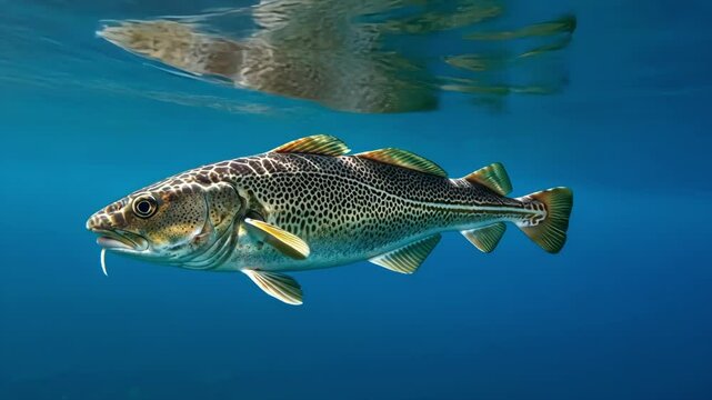 Atlantic Cod swimming underwater in blue ocean water with reflection, a beautiful fish.