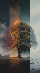 abstract illustration with realistic tree splited to parts; four season concept
