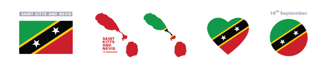 saint kitts and nevis flag and map set. saint kitts and nevis flag in official colors and proportions. independence day 19 september, map, circle and heart shaped saint kitts and nevis
