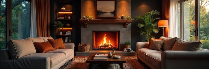 Cozy Living Room with Fireplace Warm Lighting, Comfortable Furniture, Perfect for Relaxation and Family Gatherings