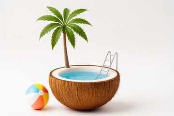 Obraz premium Creative tropical concept featuring a coconut transformed into a swimming pool with a ladder and a miniature palm tree. A colorful beach ball adds a playful touch to the scene
