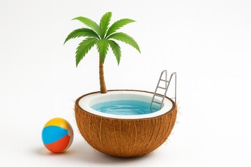 Obraz premium Creative concept of a tropical pool scene, featuring a coconut shell transformed into a swimming pool with a ladder, accompanied by a beach ball and a palm tree on a white background
