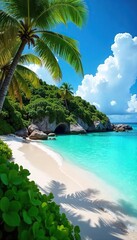 Naklejka premium Tropical Paradise Crystal-Clear Turquoise Water Laps Pristine White Sands Under a Brilliant Blue Sky - Perfect for Travel, Vacation, or Escape Themes