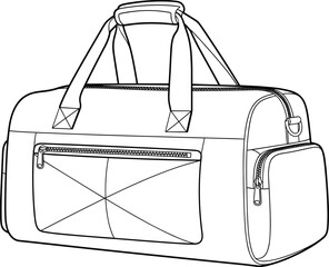 CAD drawing flat vector illustration of a modern travel duffle bag, outline technical sketch, isolated fashion accessory design