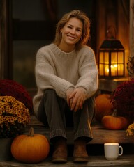 The magic of fall is captured in a warm and inviting scene of a person decorating their home's entrance with pumpkins and lanterns, embodying the cozy spirit of the season.