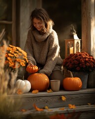 The magic of fall is captured in a warm and inviting scene of a person decorating their home's entrance with pumpkins and lanterns, embodying the cozy spirit of the season.