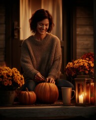 Capturing the essence of the "hygge" lifestyle, a person enjoys a quiet, happy moment arranging festive harvest decorations on their porch steps in the crisp autumn air.