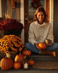 A woman in a cozy knit sweater creates a beautiful autumn display on her front porch, surrounded by pumpkins and mums during a warm, golden hour sunset.