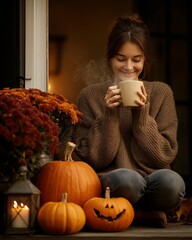 A woman in a cozy knit sweater creates a beautiful autumn display on her front porch, surrounded by pumpkins and mums during a warm, golden hour sunset.
