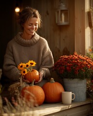 A woman in a cozy knit sweater creates a beautiful autumn display on her front porch, surrounded by pumpkins and mums during a warm, golden hour sunset.