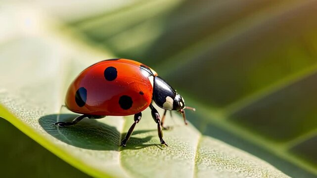 Close-up of vibrant red ladybug with black spots crawling on green leaf, macro.