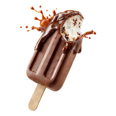 Obraz premium Chocolate coated Ice cream bar with a bite taken out isolated on transparent white background, clipping path