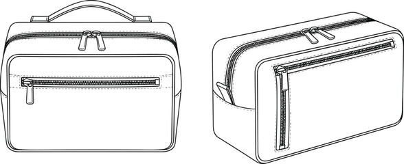 CAD drawing flat vector illustration of men's toiletry dopp kit bag, technical sketch with zipper compartments, travel pouch accessory design © Biplob Creatives