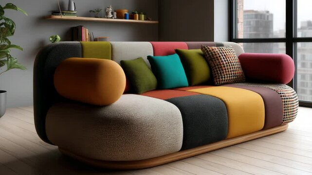 Modern modular sofa with colorful upholstery complemented with decorative pillows located in a stylish living room with wooden flooring, a large window, plants and a shelf with books