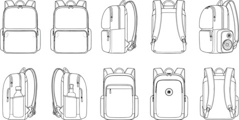 CAD drawing flat vector illustration of multipurpose backpack design in ten views, with bottle, speaker pocket, front, back, side perspective