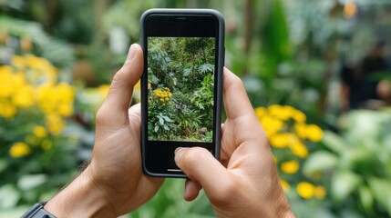 Woman taking a photo with smartphone in a lush garden filled with yellow flowers and green foliage