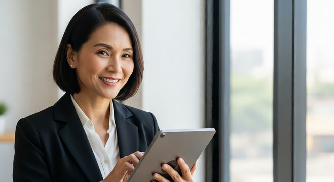 Smiling Asian businesswoman using tablet in modern office  embracing digital technology
