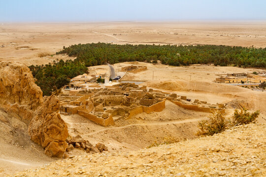 Ruins of the old village of Chebika destroyed by flooding. View from above.  Governorate Tozeur, Tunisia