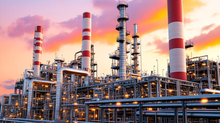Obraz premium Industrial Refinery Complex at Sunset Oil and Gas Processing Plant