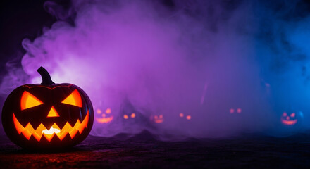 Spooky jack o lantern glowing with orange light surrounded by purple and blue fog