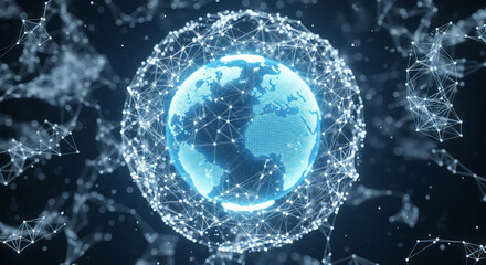 Glowing blue digital earth connected by a web of light and nodes