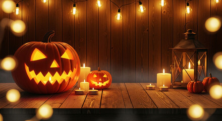 Glowing jack o lanterns and candles on wooden surface with string lights