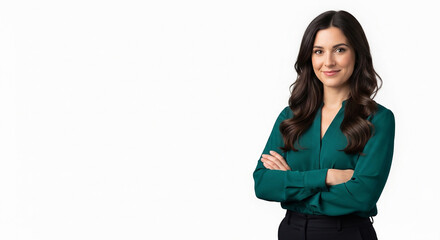Confident professional woman with dark hair smiling with arms crossed against a white background