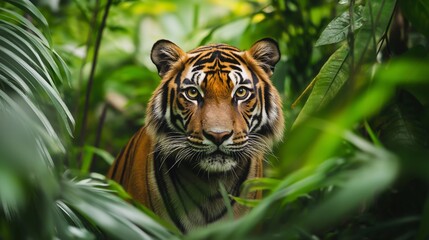 Obraz premium Close up portrait of a powerful tiger in a dense jungle. Wild animal in lush green foliage.
