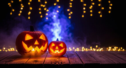 Two glowing jack o lanterns with candles on a wooden table with bokeh lights