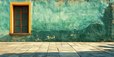 Textured turquoise wall with golden window frame and stone floor provides rustic backdrop for photography