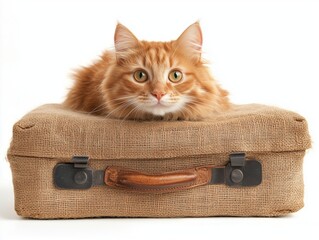 Fluffy ginger cat lies comfortably on a vintage retro suitcase, cozy indoor scene with warm light.