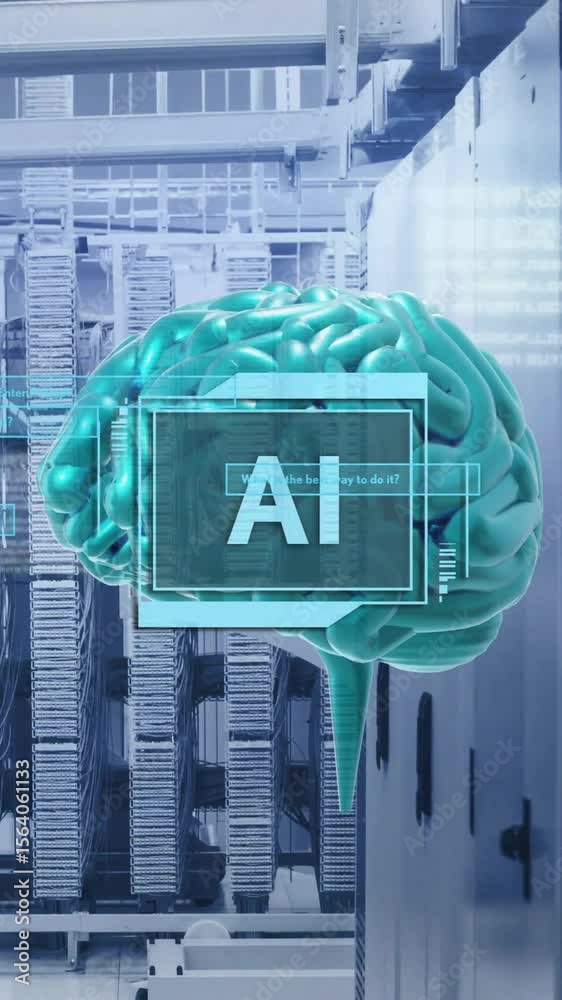 Poster animation of ai text, human brain and data processing over computer servers