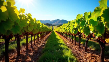 Naklejka premium Sun-dappled California Grapes Ripe for Harvest Lush Vineyards Under a Blue Sky