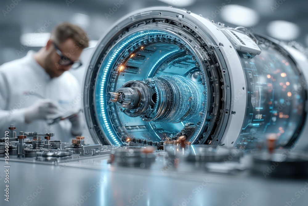 Poster scientist analyzing advanced engine components in a high-tech laboratory