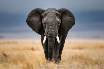 Fototapeta premium African elephant (Loxodonta africana) bull walking on savanna, looking at camera, Amboseli national park, Kenya.