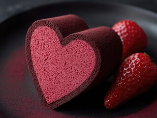 Fototapeta premium Red heart-shaped sponge cake on a dark plate. Fresh strawberries beside it in soft light. Romantic affection and indulgence. Ideal for Valentine ads and bakery menus.
