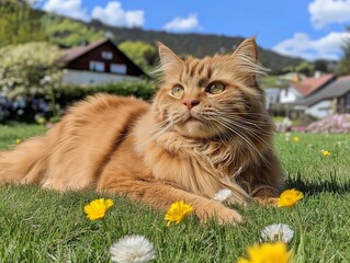Happy ginger cat lies basking in the sun on vibrant green grass, enjoying a warm peaceful day outdoors.
