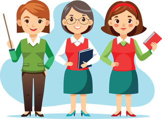 Three diverse cartoon women teachers standing together holding books and a pointer stick isolated on transparent background