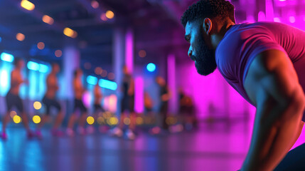 Focused personal trainer observing workout session in vibrant gym environment, showcasing dedication and energy