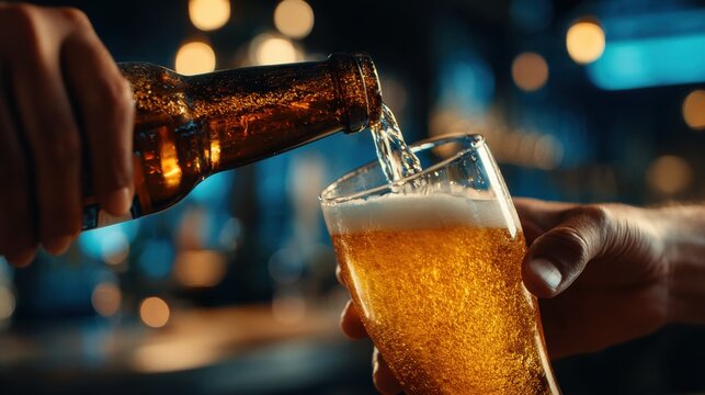 Close-up of beer being poured from a bottle into a glass with golden foam and bubbles under warm bar lighting, perfect for advertising and hospitality concepts.