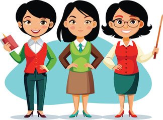 Fototapeta premium Three diverse cartoon women teachers standing together holding a book and pointer isolated on transparent background