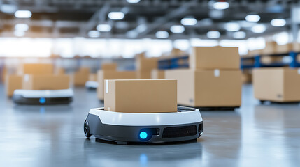 Automated guided vehicles navigate a warehouse carrying packages, streamlining operations and improving efficiency in logistics and supply chain management.