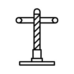 Vertical striped pole with cross arms on a round base for signs  