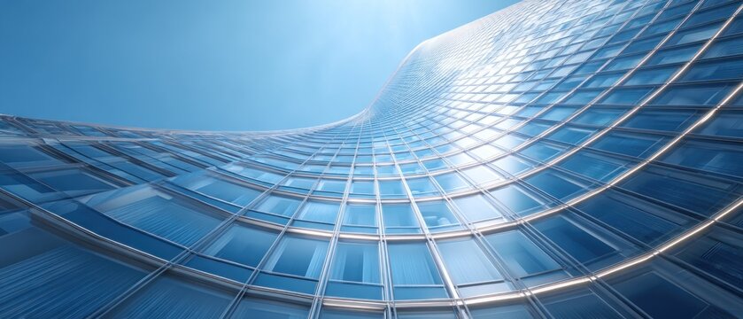 Curved glass skyscraper modern architecture city building blue reflection urban design - Powered by Adobe