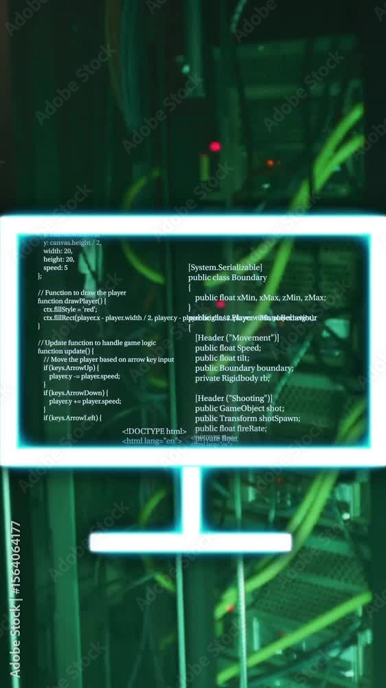 Poster Computer screen with code animation over server racks in data center