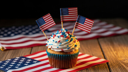 Patriotic cupcake adorned with American flags and sprinkles, celebrating USA holidays on a wooden table with flags in the background.